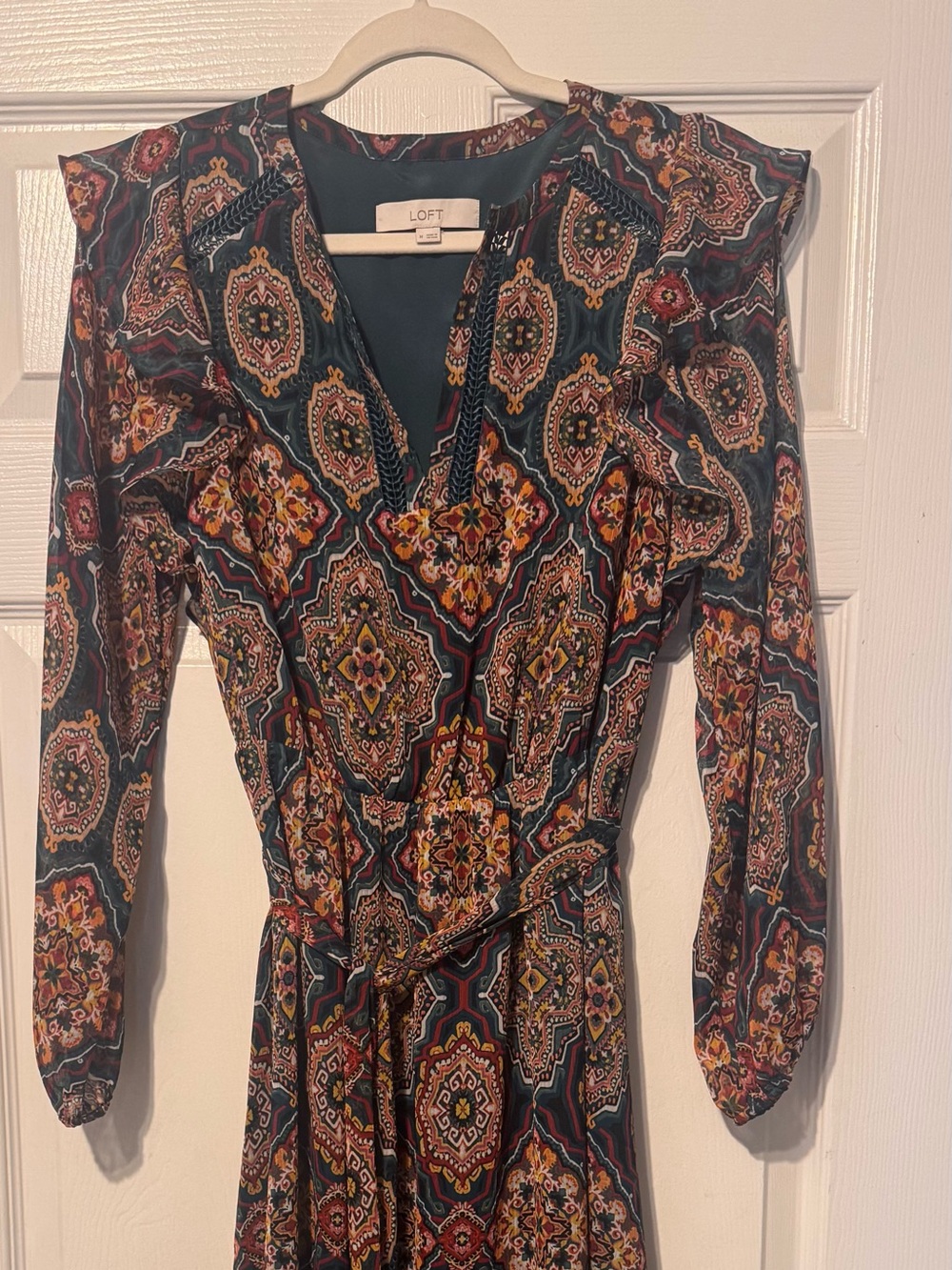 NWOT LOFT Floral Paisley Midi Dress Long Sleeve Tie Waist Boho Fall Women’s Medi